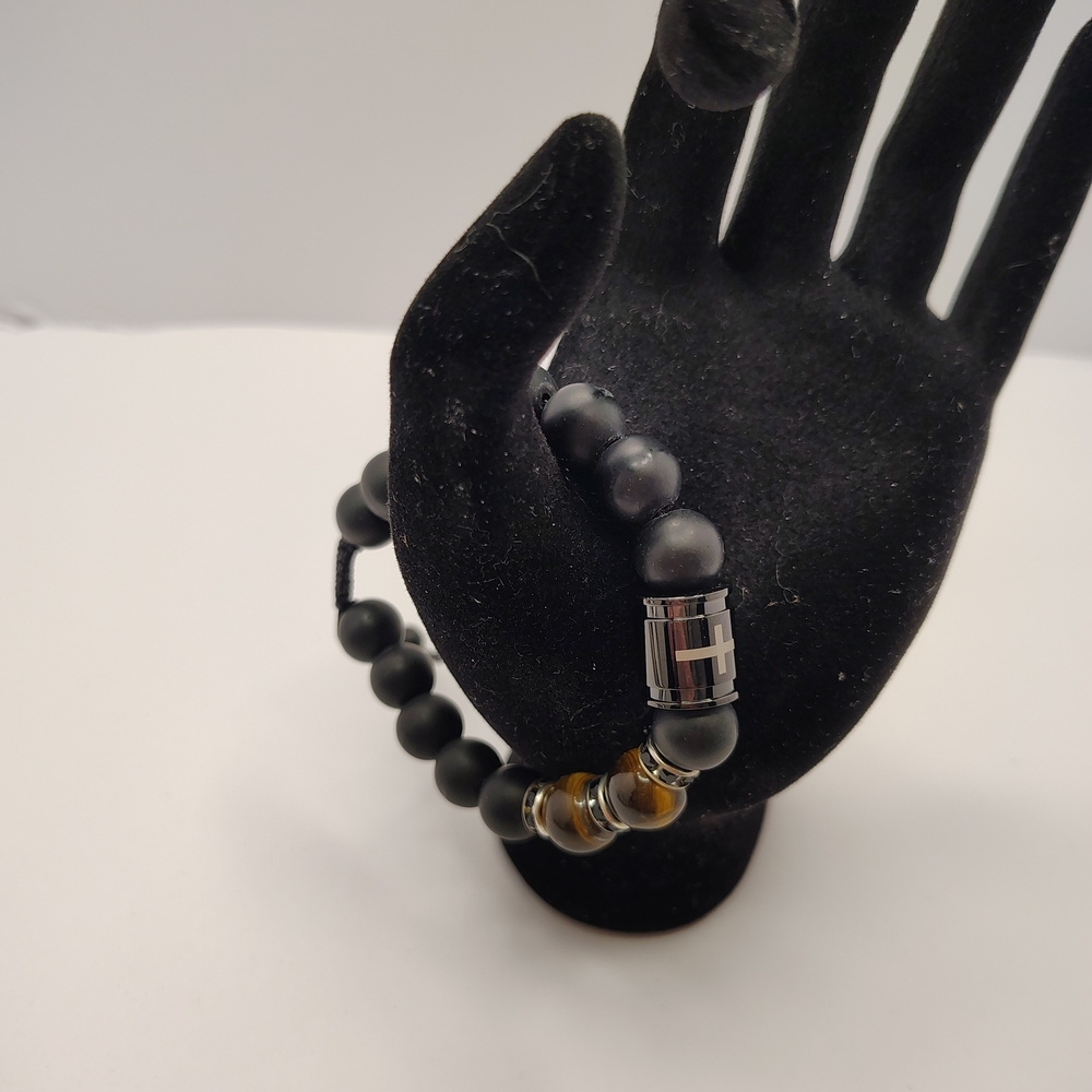 Men's Matte Black Beaded Bracelet with Brown Accent Faith Based New